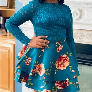 Long Sleeved Glitter Accented Lace Top and Floral Printed Skirt